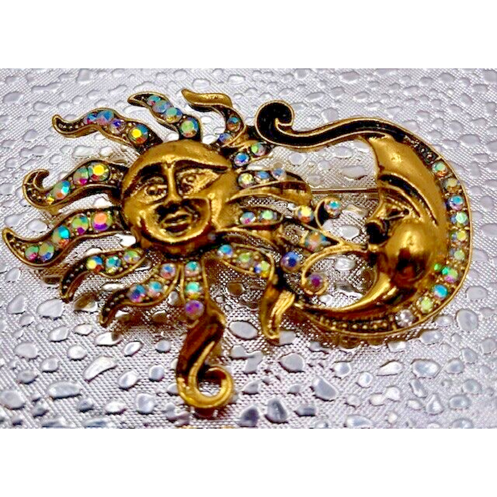 Women's Sun and Moon Brooch Pendant Vintage - Picture 2 of 3
